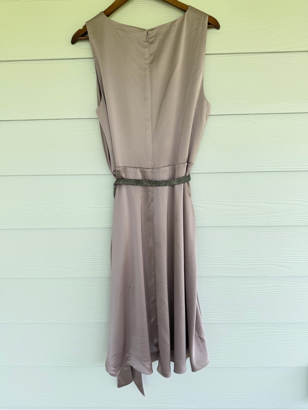 NWT Lauren Ralph Lauren Dress Size 16 Mauve Satin Faux Wrap Midi Beaded Belt - Picture 9 of 11